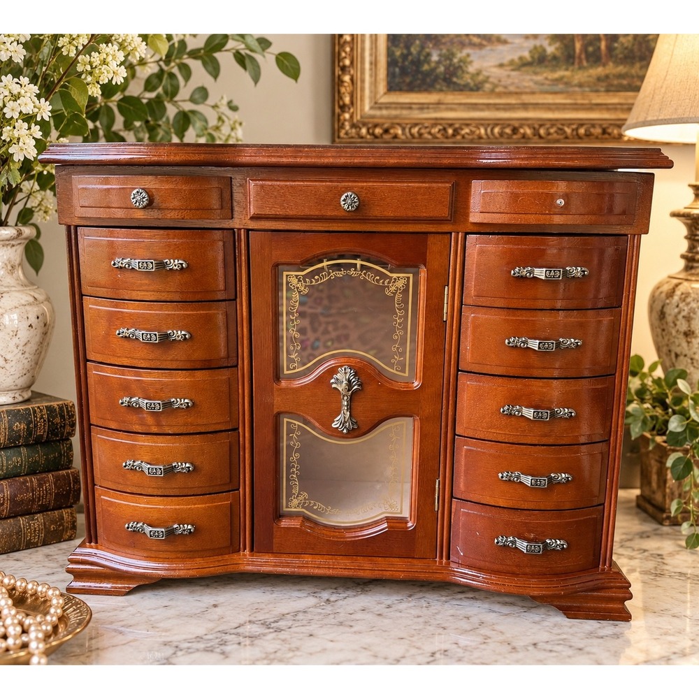 Vintage Large Wooden Musical Jewelry Armoire Mirror Necklace Carousel 18"